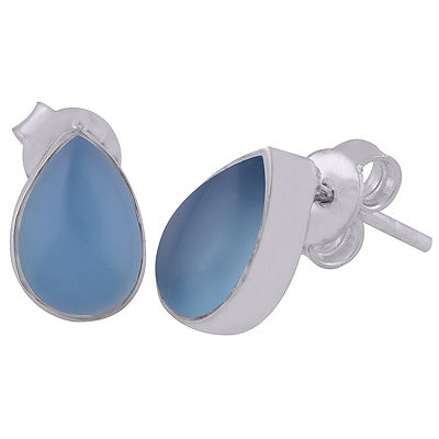 Plain Collet Natural Blue Chalcedony Pear Shape 925 Sterling Solid Silver Stud Earrings - R6100096-54