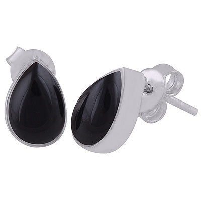 Plain Collet Natural Black Onyx Pear Shape 925 Sterling Solid Silver Stud Earrings - R6100096-58