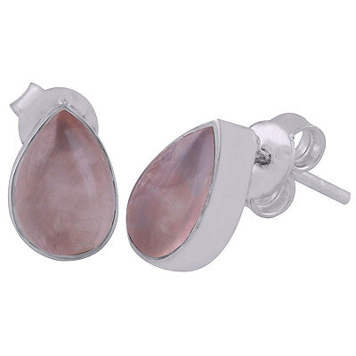Plain Collet Natural Rose Quartz Pear Shape 925 Sterling Solid Silver Stud Earrings - R6100096-59