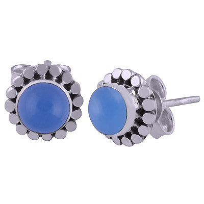 Alluring Rawa Work Around Blue Chalcedony Round Shape 925 Sterling Solid Silver Studs Earrings - R6100126-152