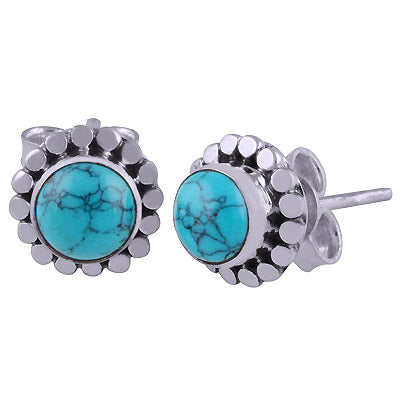 Alluring Rawa Work Around Turquoise Round Shape 925 Sterling Solid Silver Studs Earrings - R6100126-47