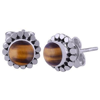 Alluring Rawa Work Around Tiger's Eye Round Shape 925 Sterling Solid Silver Studs Earrings - R6100126-68