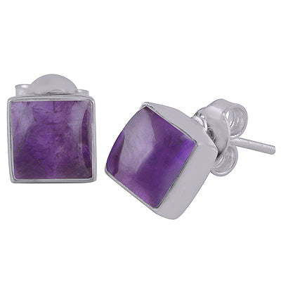 Gorgeous Plain Collet Amethyst Square Shape 925 Sterling Solid Silver Stud Earrings - R6100130-1