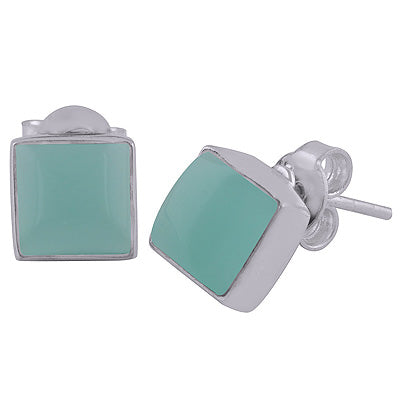 Gorgeous Plain Collet Aqua Chalcedony Square Shape 925 Sterling Solid Silver Stud Earrings - R6100130-10