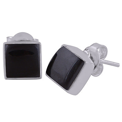 Gorgeous Plain Collet Black Onyx Square Shape 925 Sterling Solid Silver Stud Earrings - R6100130-14