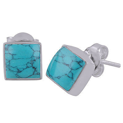 Gorgeous Plain Collet Turquoise Square Shape 925 Sterling Solid Silver Stud Earrings - R6100130-3