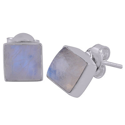 Gorgeous Plain Collet Rainbow Moonstone Square Shape 925 Sterling Solid Silver Stud Earrings - R6100130-4