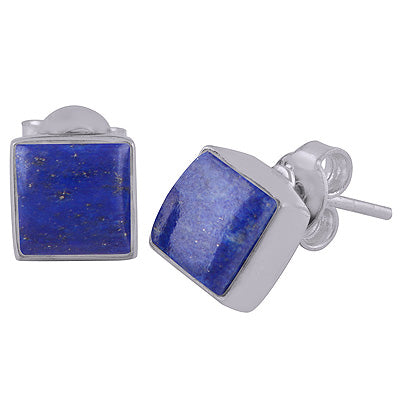 Gorgeous Plain Collet Lapis Square Shape 925 Sterling Solid Silver Stud Earrings - R6100130-6