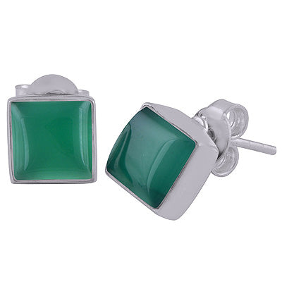 Gorgeous Plain Collet Green Onyx Square Shape 925 Sterling Solid Silver Stud Earrings - R6100130-8