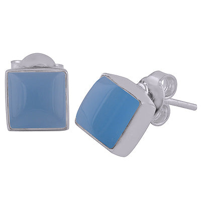 Gorgeous Plain Collet Blue Chalcedony Square Shape 925 Sterling Solid Silver Stud Earrings - R6100130-9