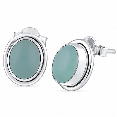 Plain Wire Around Aqua Chalcedony Oval Shape 925 Sterling Solid Silver Stud Earrings - R6100131-121