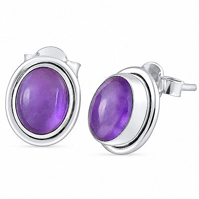 Plain Wire Around Amethyst Oval Shape 925 Sterling Solid Silver Stud Earrings - R6100131-50