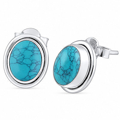 Plain Wire Around Turquoise Oval Shape 925 Sterling Solid Silver Stud Earrings - R6100131-60