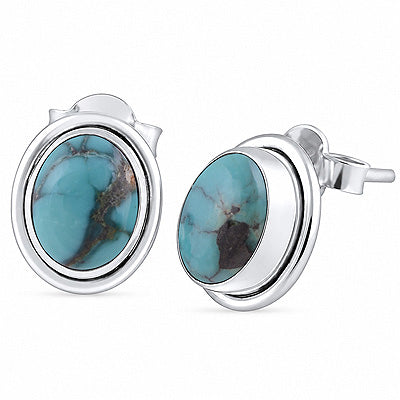 Plain Wire Around Turquoise Oval Shape 925 Sterling Solid Silver Stud Earrings - R6100131-63