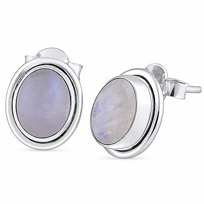 Plain Wire Around Rainbow Moonstone Oval Shape 925 Sterling Solid Silver Stud Earrings - R6100131-66