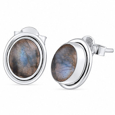 Plain Wire Around Labradorite Oval Shape 925 Sterling Solid Silver Stud Earrings - R6100131-73