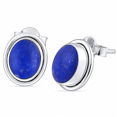 Plain Wire Around Lapis Oval Shape 925 Sterling Solid Silver Stud Earrings - R6100131-77