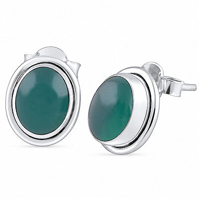 Plain Wire Around Green Onyx Oval Shape 925 Sterling Solid Silver Stud Earrings - R6100131-92