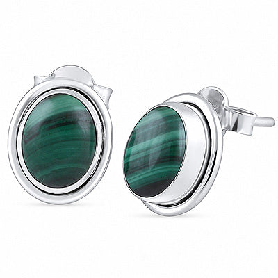 Plain Wire Around Malachite Oval Shape 925 Sterling Solid Silver Stud Earrings - R6100131-95