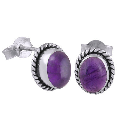 Beautiful Textured Handwork Around Amethyst Oval Shape 925 Sterling Solid Silver Studs Earrings - R6100136-129