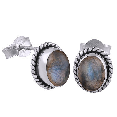 Beautiful Textured Handwork Around Labradorite Oval Shape 925 Sterling Solid Silver Studs Earrings - R6100136-159