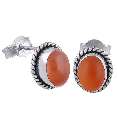Beautiful Textured Handwork Around Carnelian Oval Shape 925 Sterling Solid Silver Studs Earrings - R6100136-265