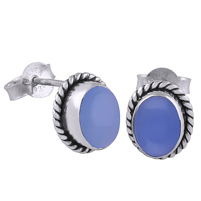 Beautiful Textured Handwork Around Blue Chalcedony Oval Shape 925 Sterling Solid Silver Studs Earrings - R6100136-297