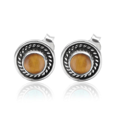 Alluring Twisted Wire Work Around Tiger's Eye Round Shape 925 Sterling Solid Silver Studs Earrings - R6100160-11