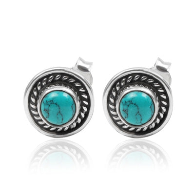 Alluring Twisted Wire Work Around Turquoise Round Shape 925 Sterling Solid Silver Studs Earrings - R6100160-3