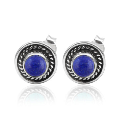 Alluring Twisted Wire Work Around Lapis Round Shape 925 Sterling Solid Silver Studs Earrings - R6100160-6