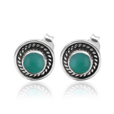 Alluring Twisted Wire Work Around Green Onyx Round Shape 925 Sterling Solid Silver Studs Earrings - R6100160-8
