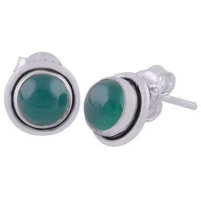 Gorgeous Gemstones Around Green Onyx Round Shape 925 Sterling Solid Silver Stud Earrings - R6100200-303