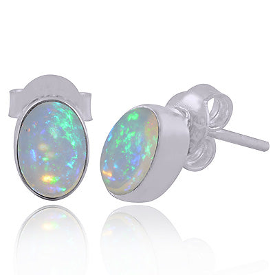 Plain Collet Natural Ethiopian Opal Oval Shape 925 Sterling Solid Silver Stud Earrings - R6100215-11