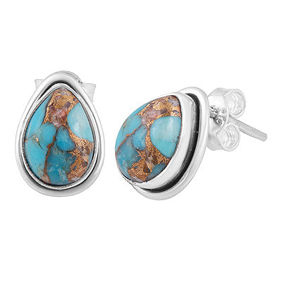 Gorgeous Plain Wire Work Around Blue Copper Turquoise Pear Shape 925 Sterling Solid Silver Studs Earrings - R6100232-2