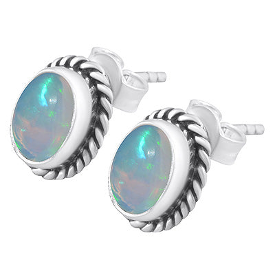 Stunning Twisted Wire Work Around Ethiopian Opal Oval Shape 925 Sterling Solid Silver Studs Earrings - R6100248-1