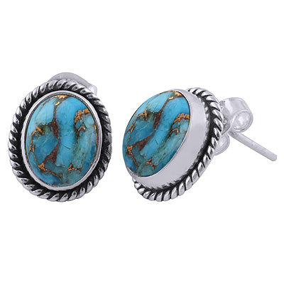 Alluring Twisted Wire Work Aroun Blue Copper Turquoise Oval Shape 925 Sterling Solid Silver Studs Earrings - R6100266-24