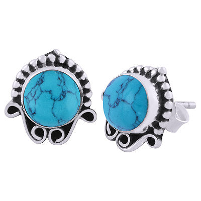 Gorgeous Oxidised Rawa Work Around Turquoise Round Shape 925 Sterling Solid Silver Studs Earrings - R6100378-13