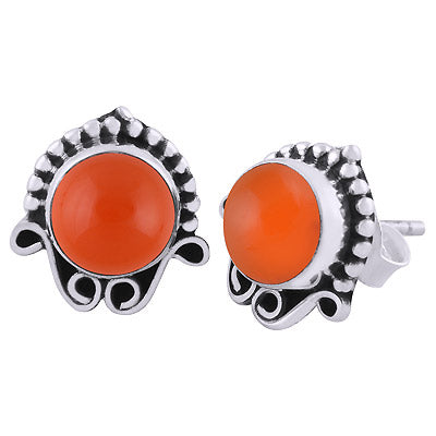Gorgeous Oxidised Rawa Work Around Carnelian Round Shape 925 Sterling Solid Silver Studs Earrings - R6100378-36