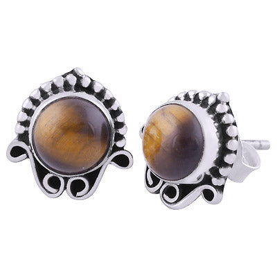 Gorgeous Oxidised Rawa Work Around Tiger's Eye Round Shape 925 Sterling Solid Silver Studs Earrings - R6100378-44