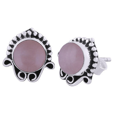 Gorgeous Oxidised Rawa Work Around Rose Quartz Round Shape 925 Sterling Solid Silver Studs Earrings - R6100378-62