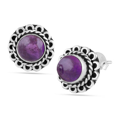 Alluring Oxidised Wire Work Around Amethyst Round Shape 925 Sterling Solid Silver Studs Earrings - R6100379-1