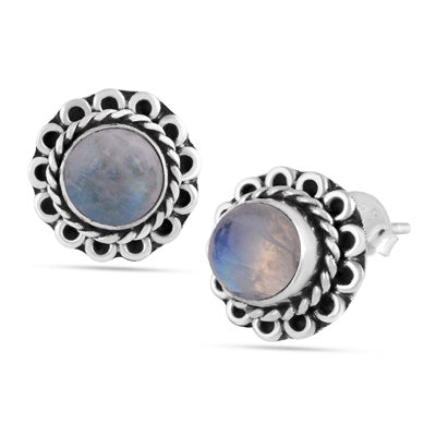 Alluring Oxidised Wire Work Around Rainbow Moonstone Round Shape 925 Sterling Solid Silver Studs Earrings - R6100379-19