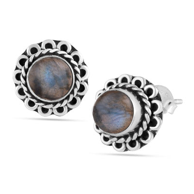 Alluring Oxidised Wire Work Around Labradorite Round Shape 925 Sterling Solid Silver Studs Earrings - R6100379-25