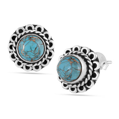 Alluring Oxidised Wire Work Around Blue Copper Turquoise Round Shape 925 Sterling Solid Silver Studs Earrings - R6100379-62