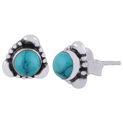 Beautiful Handcrafted Work Around Turquoise Round Shape 925 Sterling Solid Silver Studs Earrings - R6100380-63