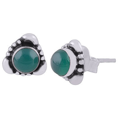 Beautiful Handcrafted Work Around Green Onyx Round Shape 925 Sterling Solid Silver Studs Earrings - R6100380-68
