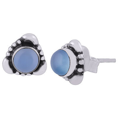 Beautiful Handcrafted Work Around Blue Chalcedony Round Shape 925 Sterling Solid Silver Studs Earrings - R6100380-69
