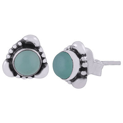 Beautiful Handcrafted Work Around Aqua Chalcedony Round Shape 925 Sterling Solid Silver Studs Earrings - R6100380-70