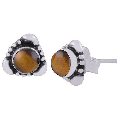 Beautiful Handcrafted Work Around Tiger's Eye Round Shape 925 Sterling Solid Silver Studs Earrings - R6100380-73