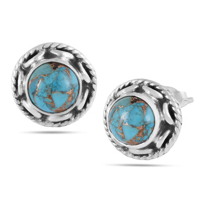 Alluring Twisted Wire Work Around Blue Copper Turquoise Round Shape 925 Sterling Solid Silver Studs Earrings - R6100381-127